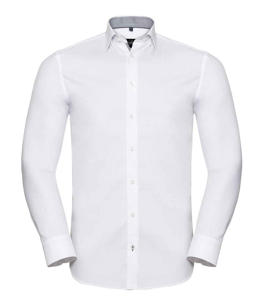 Russell Collection Long Sleeve Contrast Herringbone Shirt